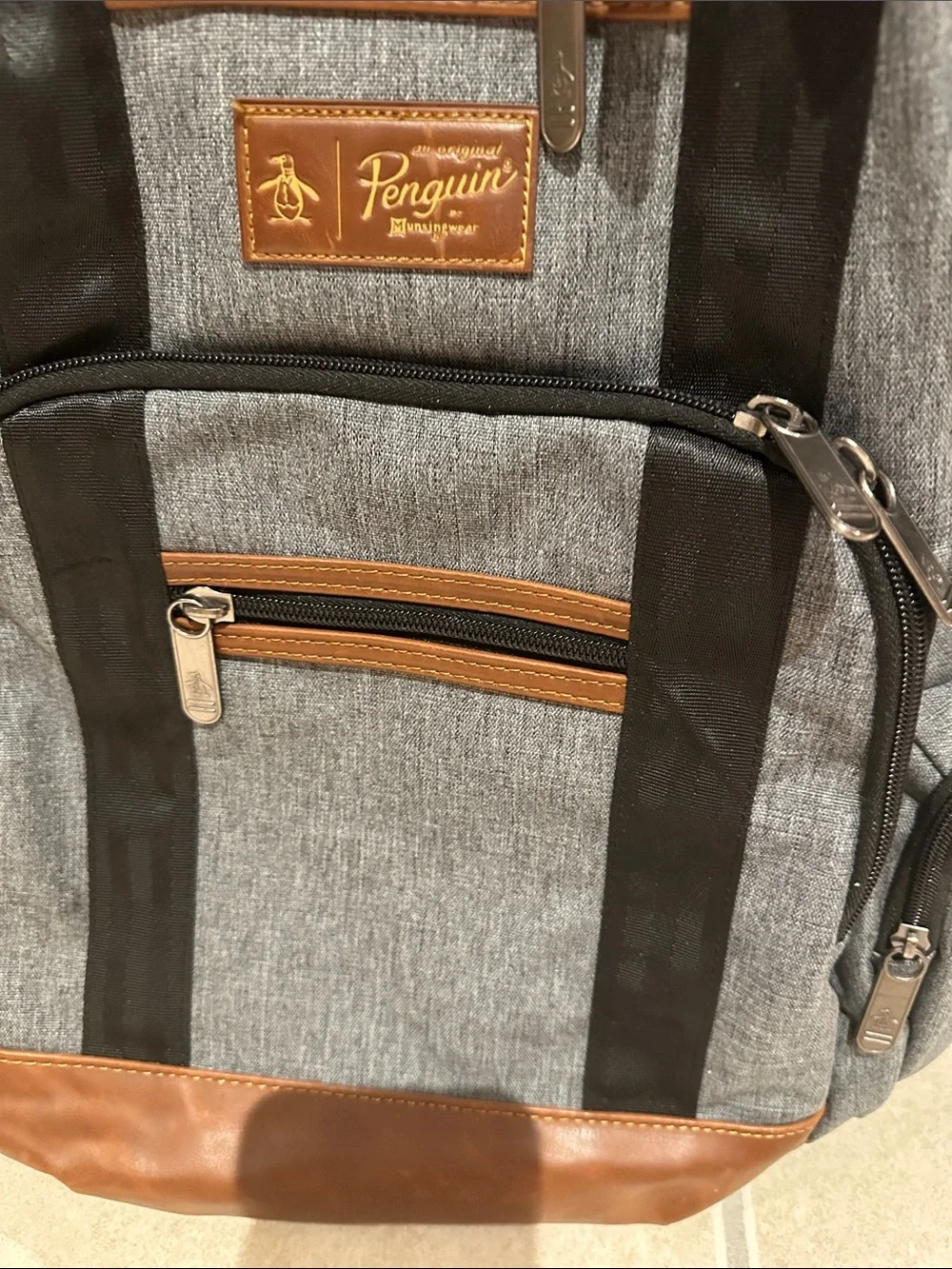 Original Penguin Gray and Brown Multi-Zip Everyday Backpack. Great condition!